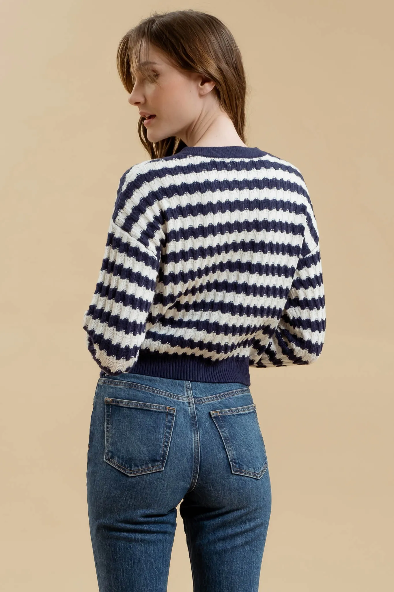 STRIPE CREW NECK KNIT CARDIGAN