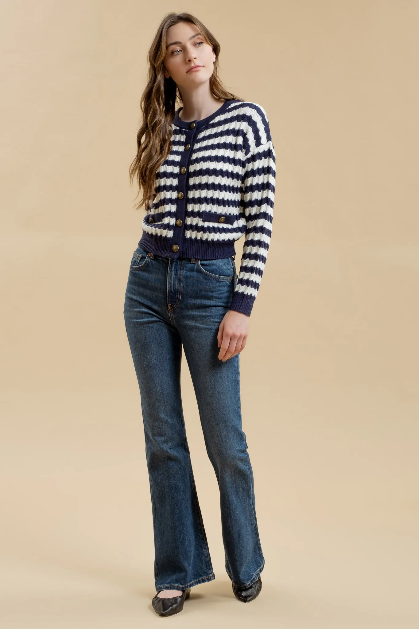 STRIPE CREW NECK KNIT CARDIGAN