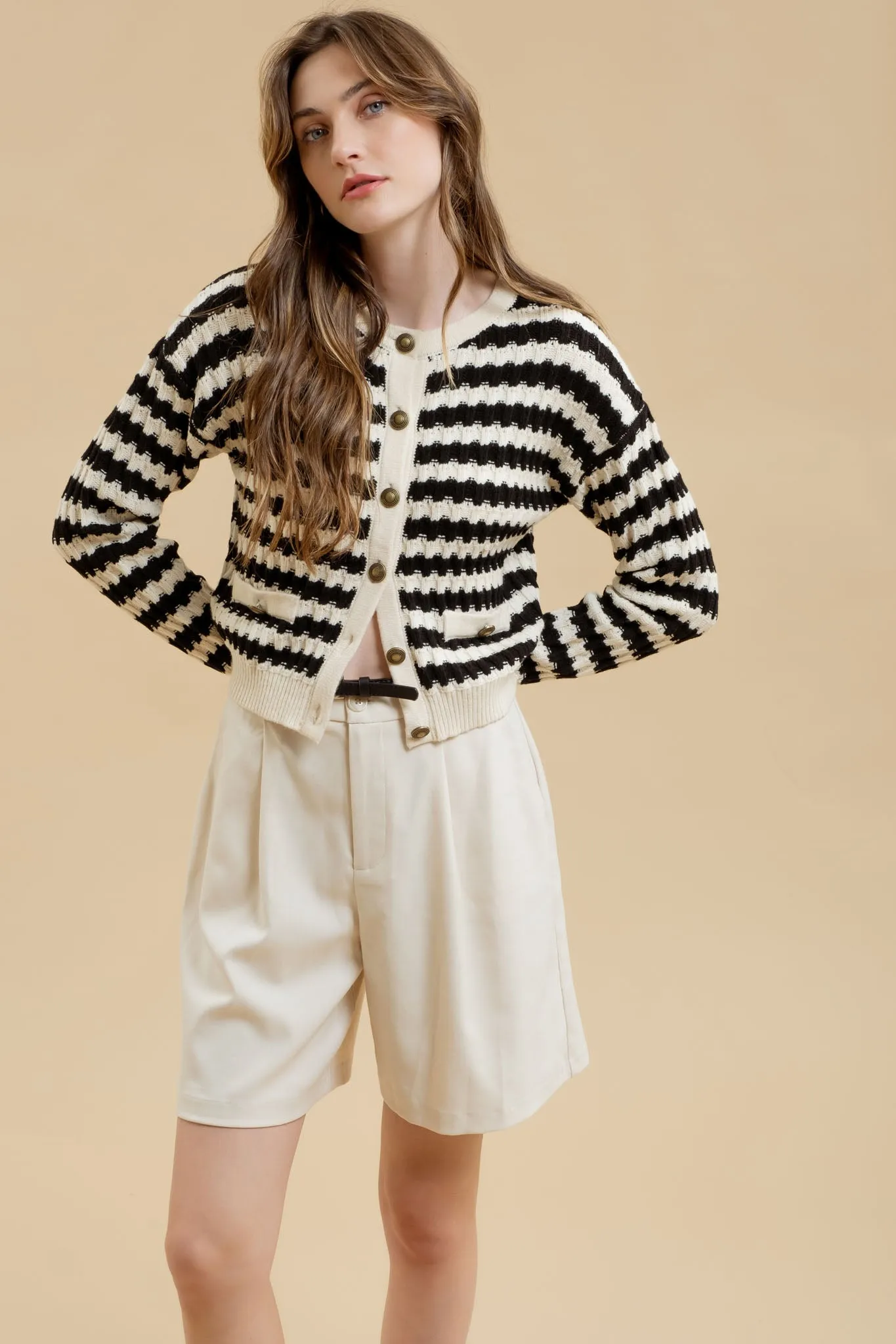 STRIPE CREW NECK KNIT CARDIGAN