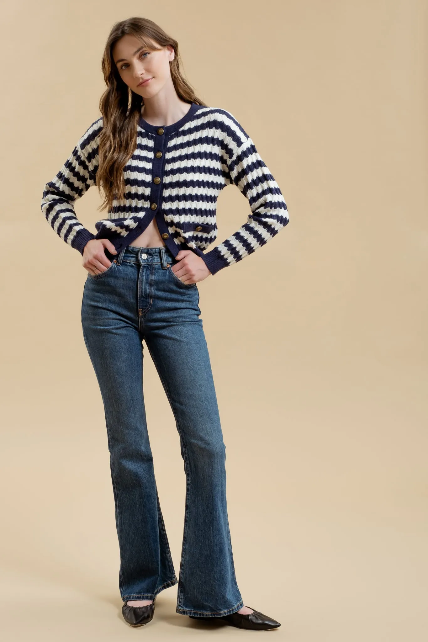 STRIPE CREW NECK KNIT CARDIGAN