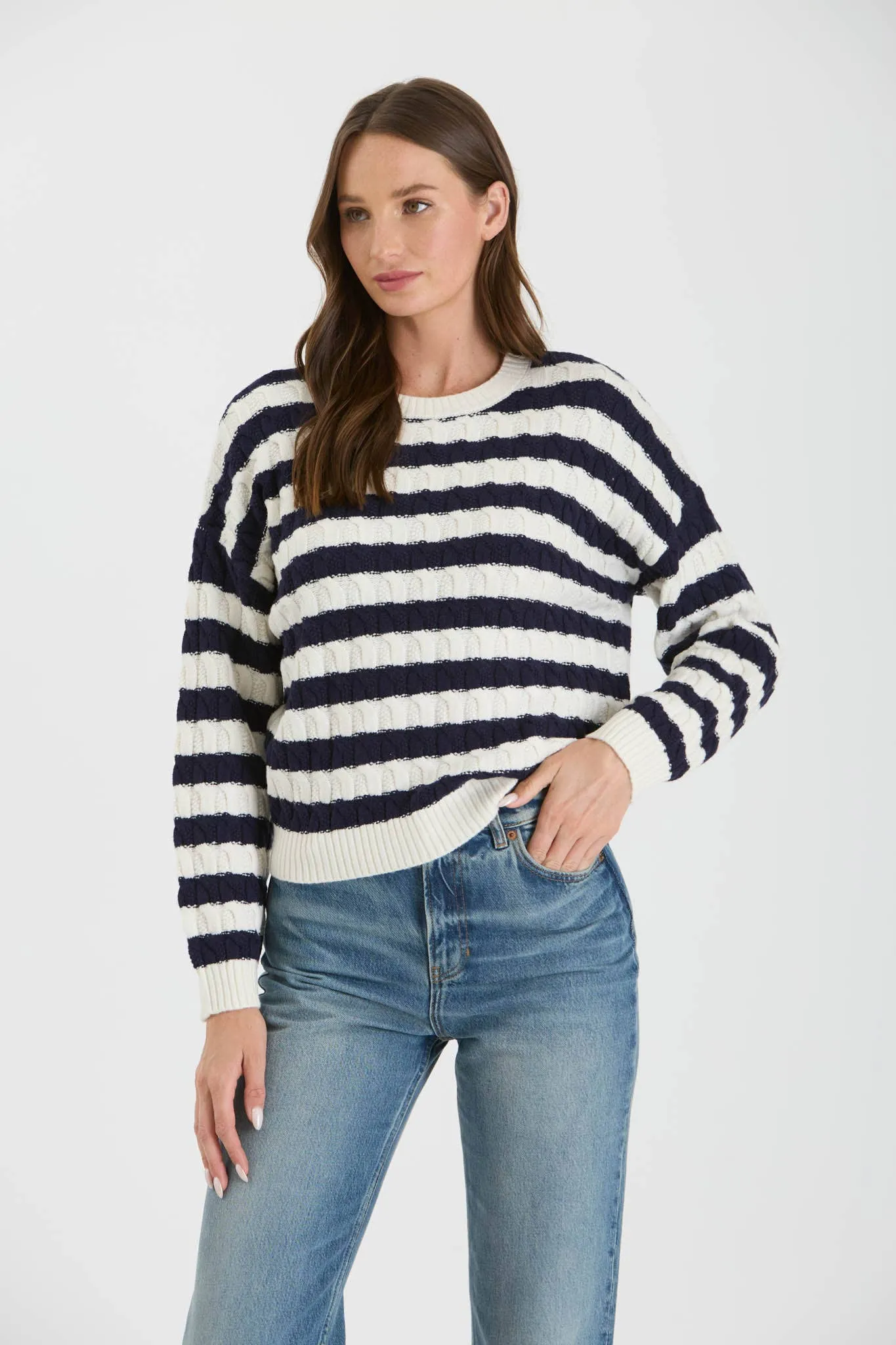 STRIPE CREWNECK CABLE KNIT KNIT SWEATER