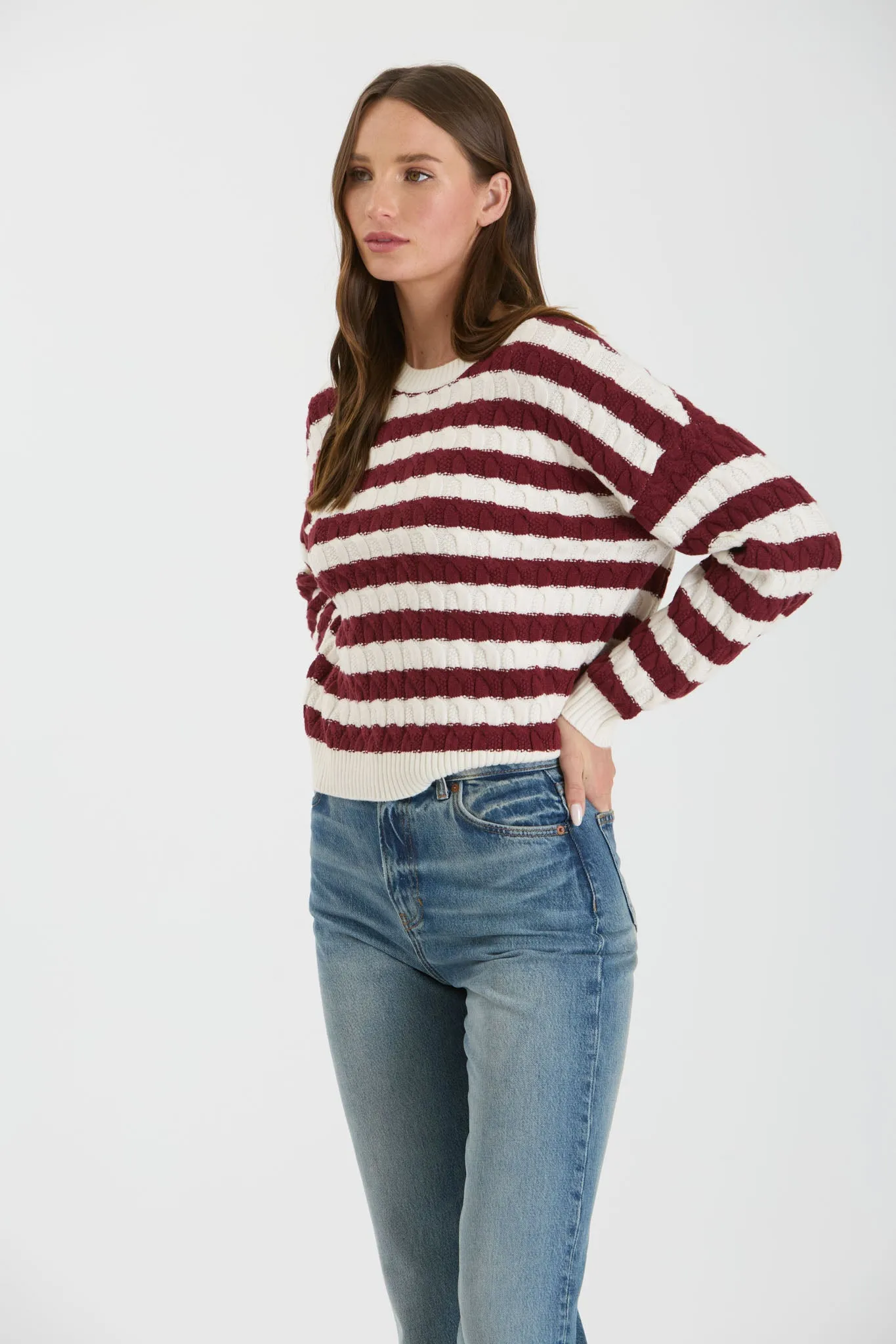 STRIPE CREWNECK CABLE KNIT KNIT SWEATER