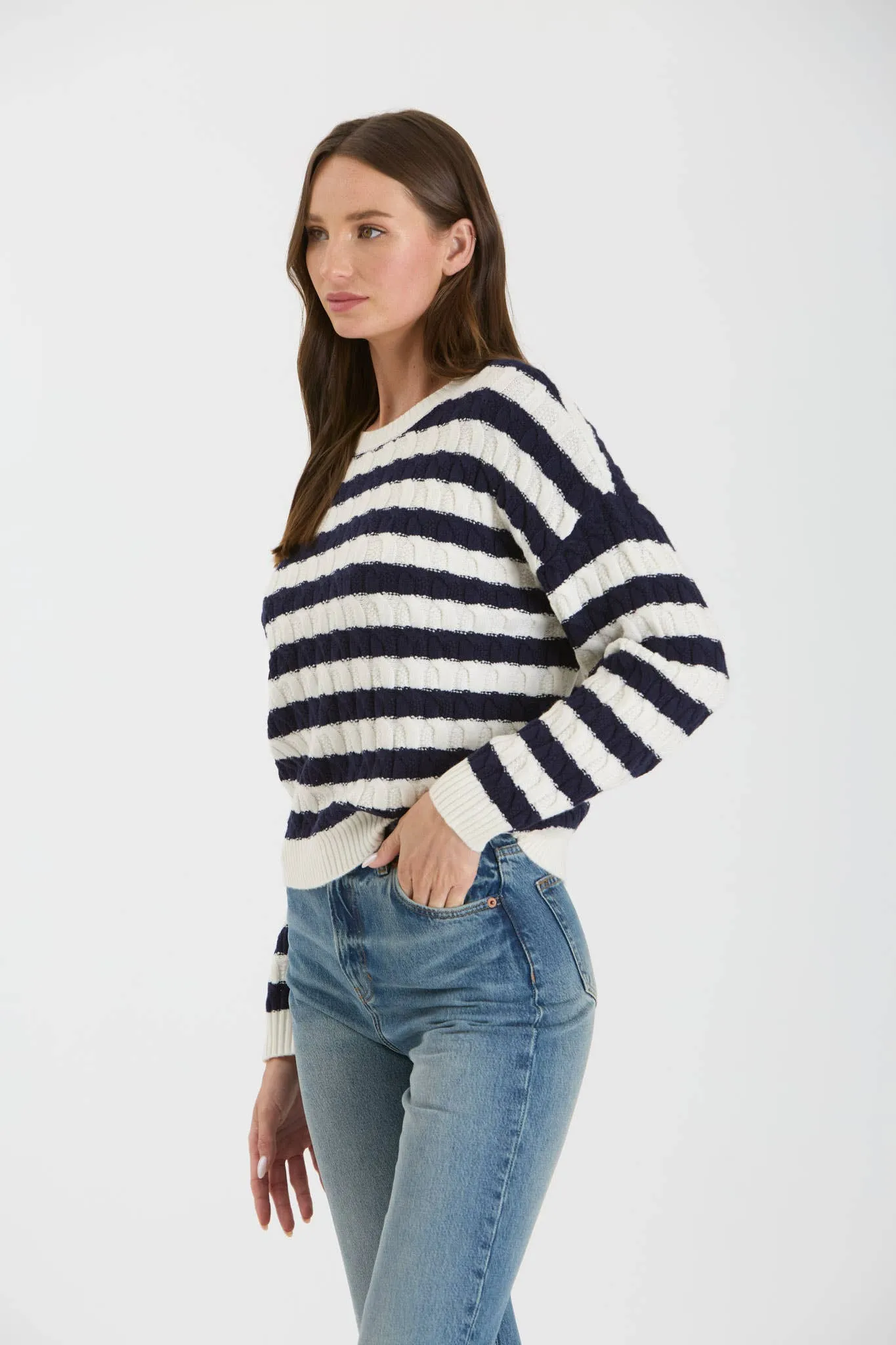 STRIPE CREWNECK CABLE KNIT KNIT SWEATER