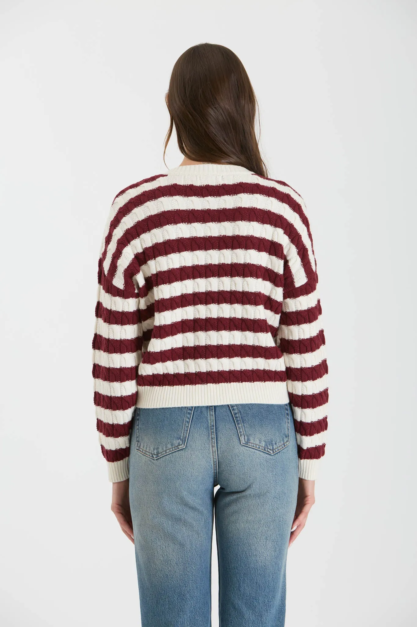 STRIPE CREWNECK CABLE KNIT KNIT SWEATER