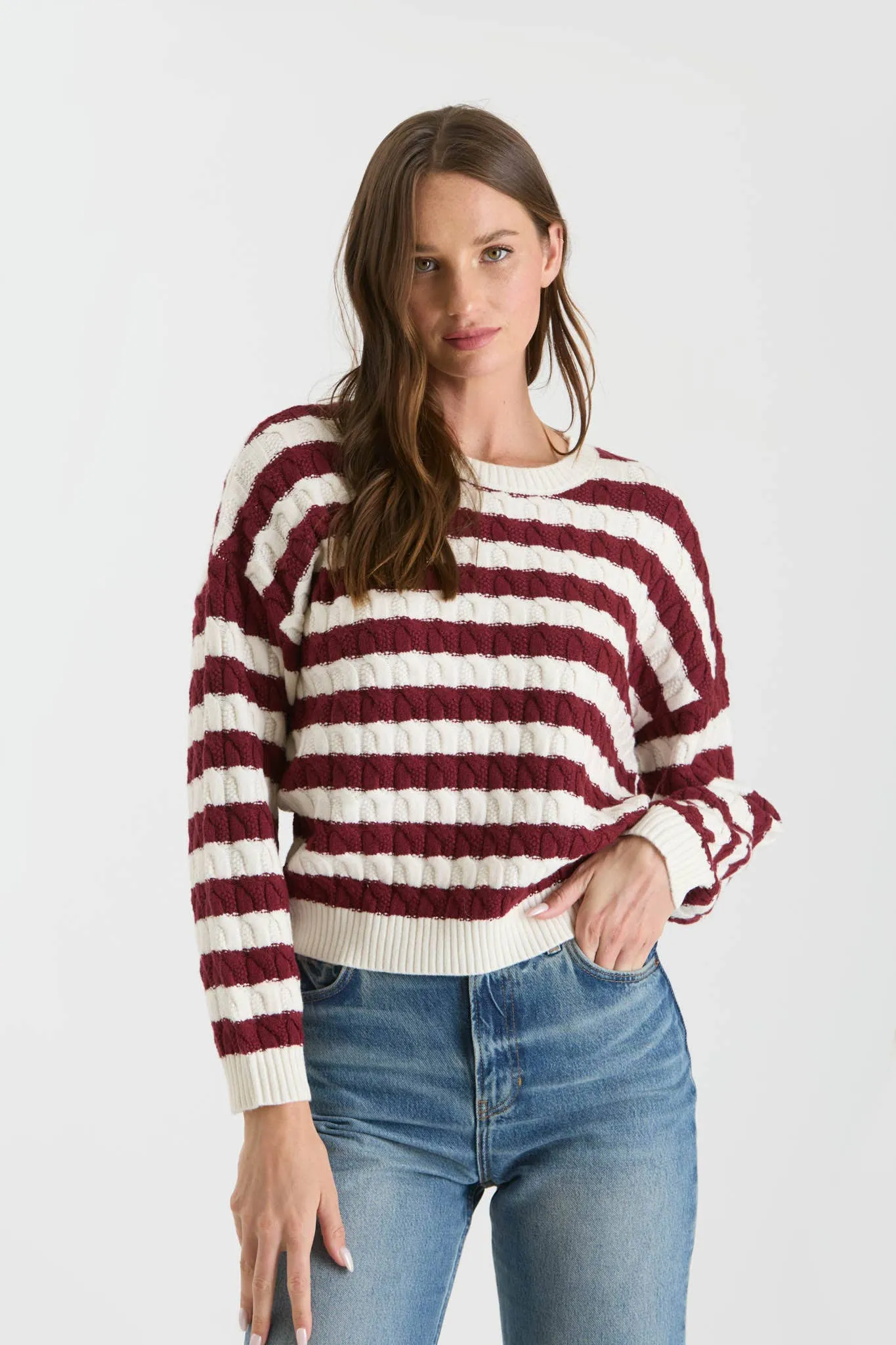 STRIPE CREWNECK CABLE KNIT KNIT SWEATER