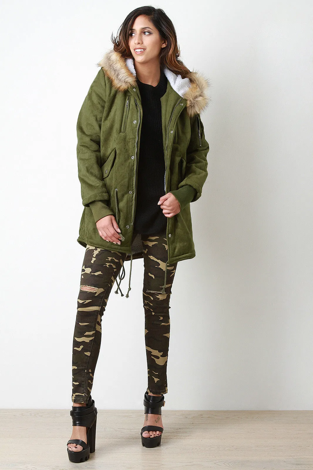 Suede Fur Trim Hooded Parka Jacket