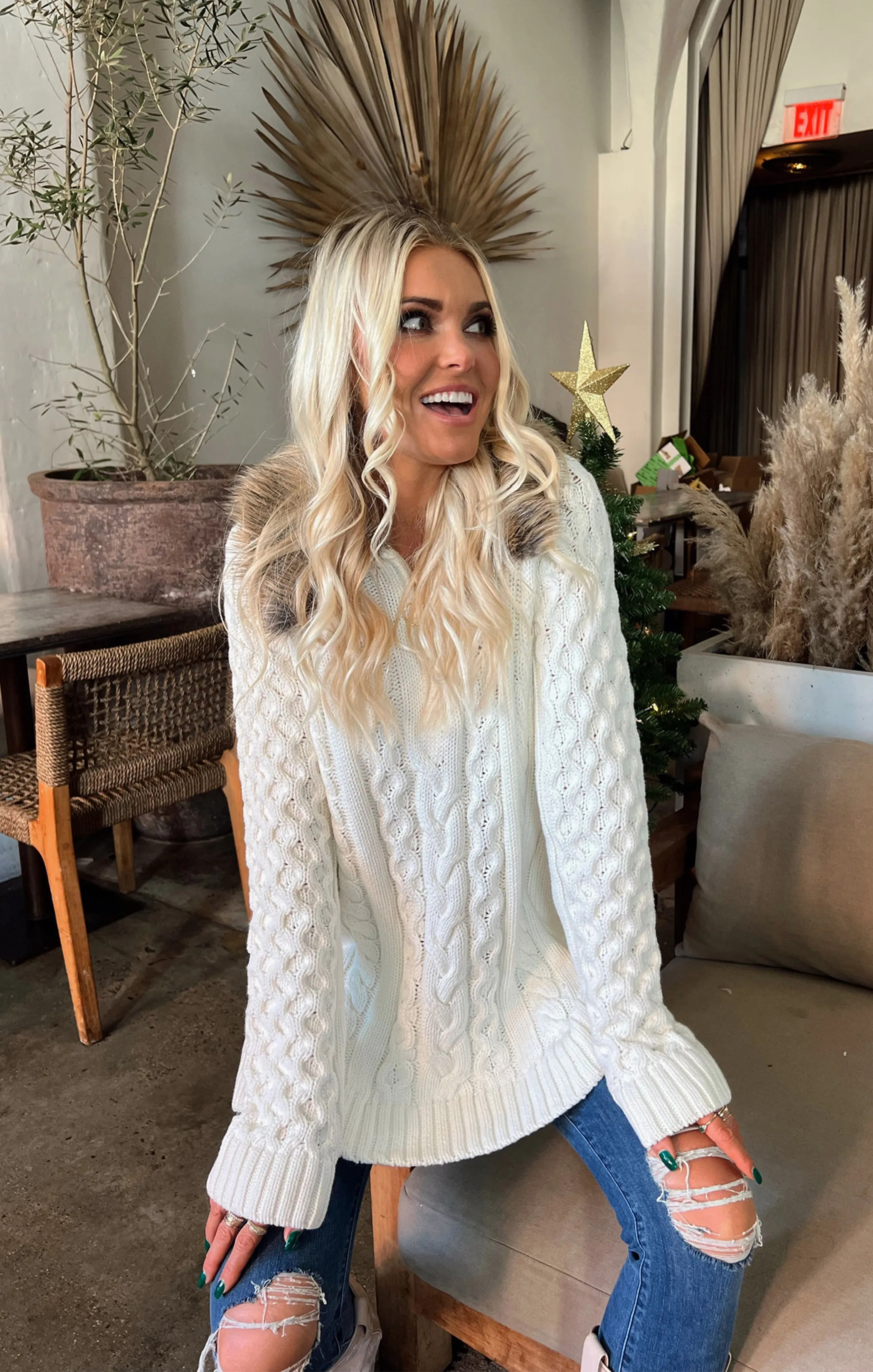 Sun Valley Pullover ~ Cream Cable Knit with Faux Fur