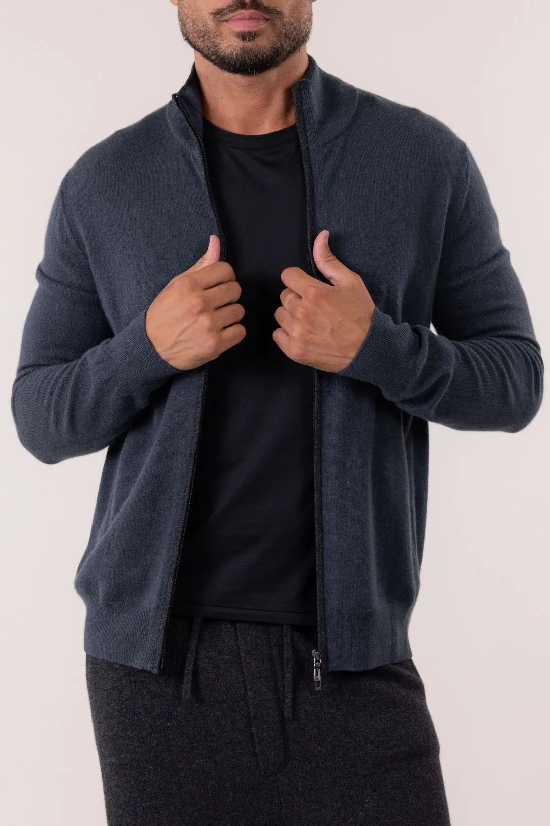 SUSTAINABLE CASHMERE CONTRAST ZIP CARDIGAN