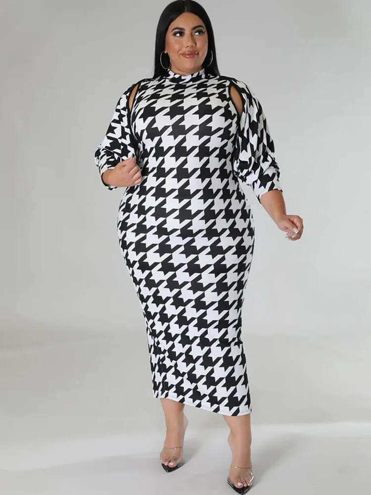 Two Piece Houndstooth Cardigan & Cut Out Midi Dresses