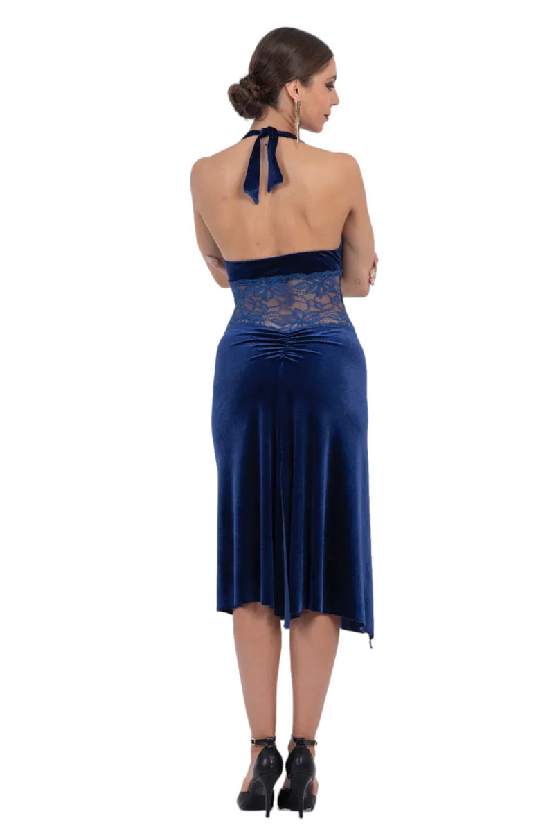 Velvet Halter Neck Tango Dress With Lace Waist