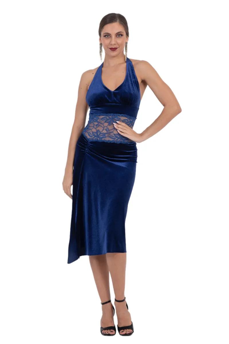 Velvet Halter Neck Tango Dress With Lace Waist