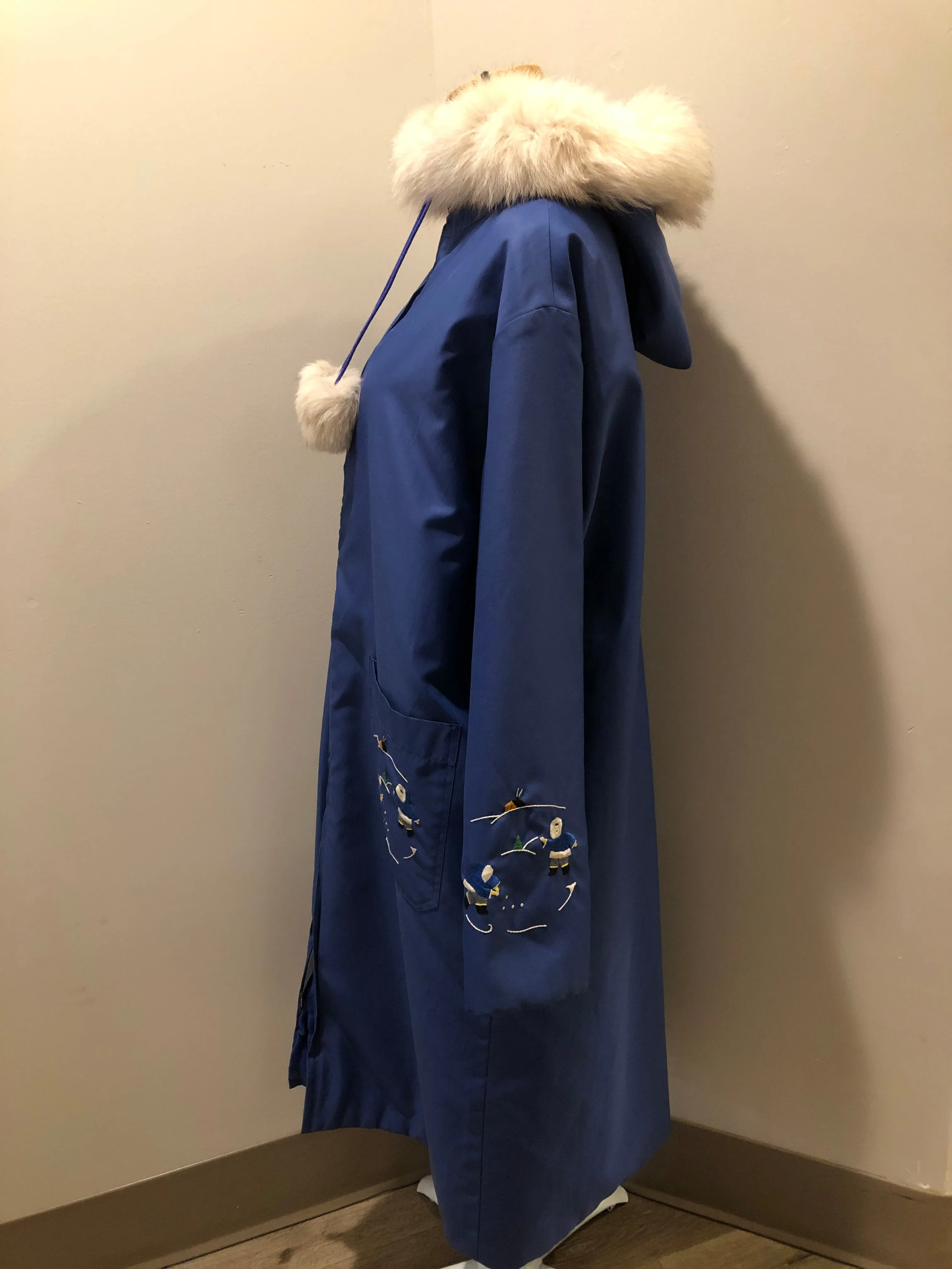 Vintage Blue Northern Parka with Arctic Life Motif, Made in Canada