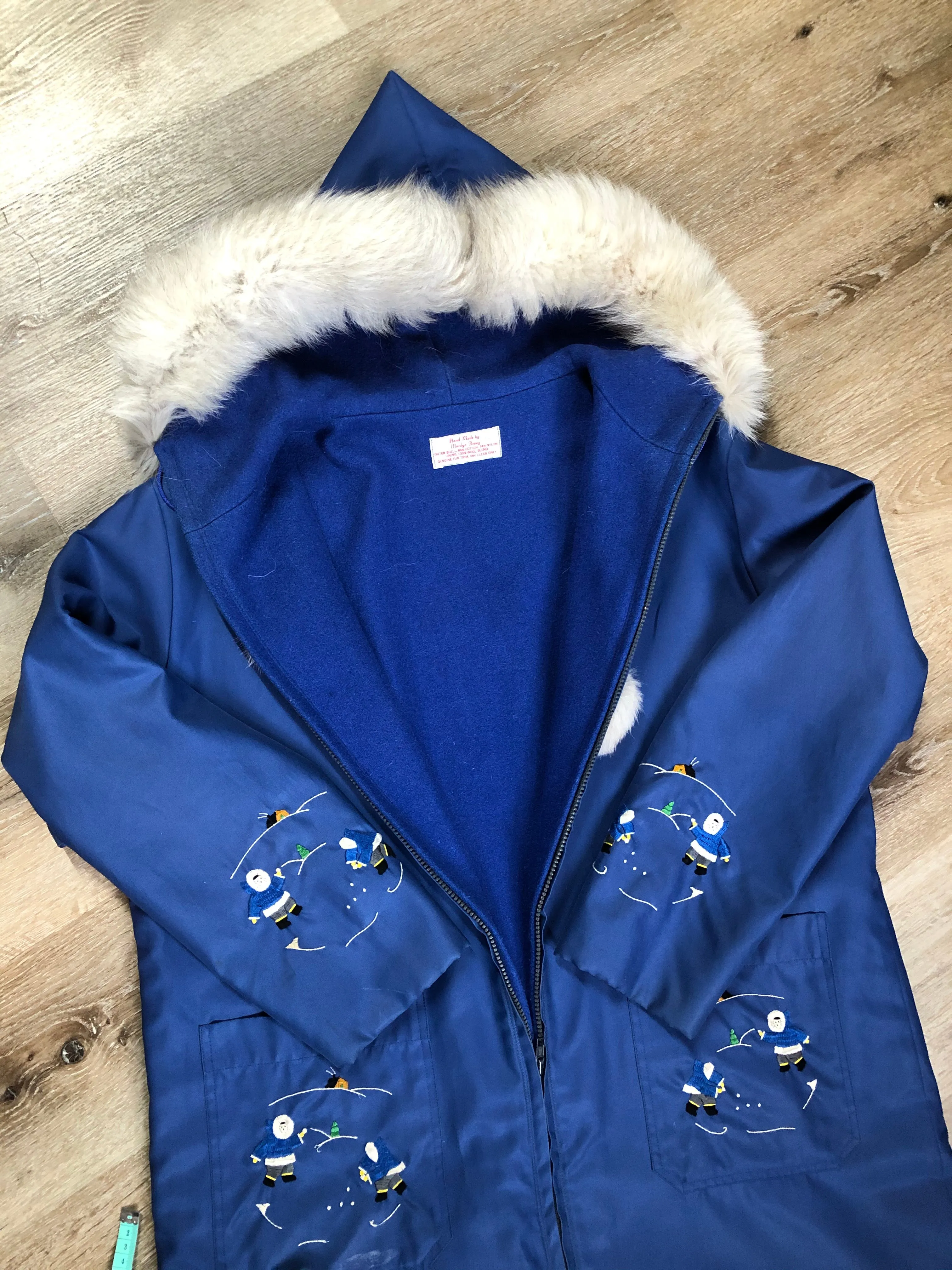 Vintage Blue Northern Parka with Arctic Life Motif, Made in Canada