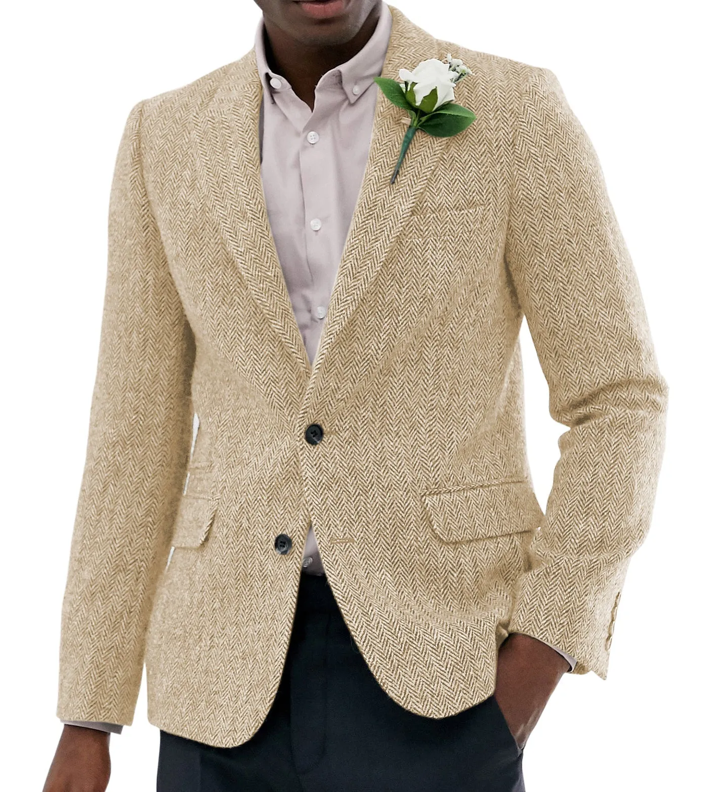 Vintage Classical Men's Wool Herringbone Notch Lapel Blazer