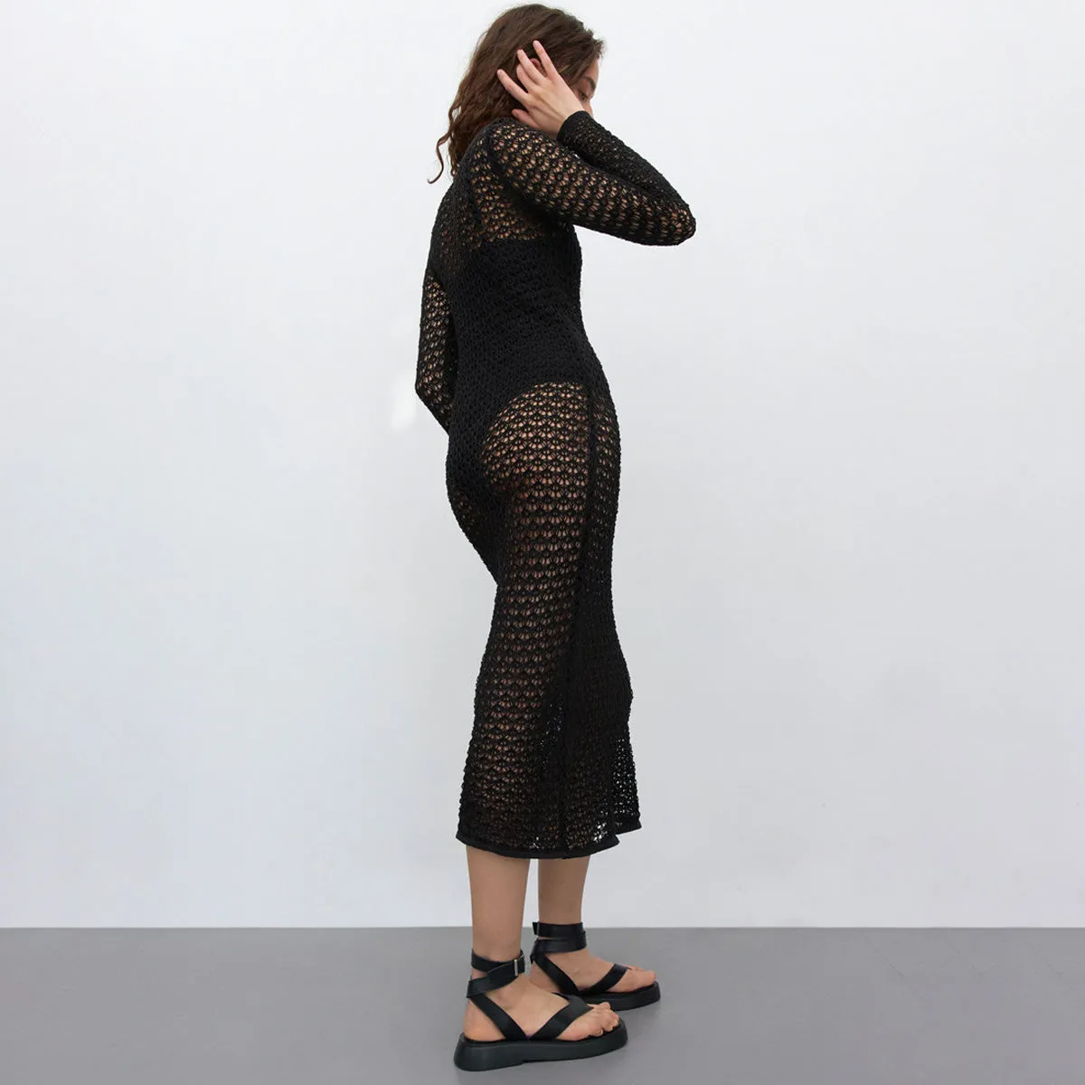 Vintage Crew Neck Long Sleeve Sheer Openwork Crochet Knit Midi Dress