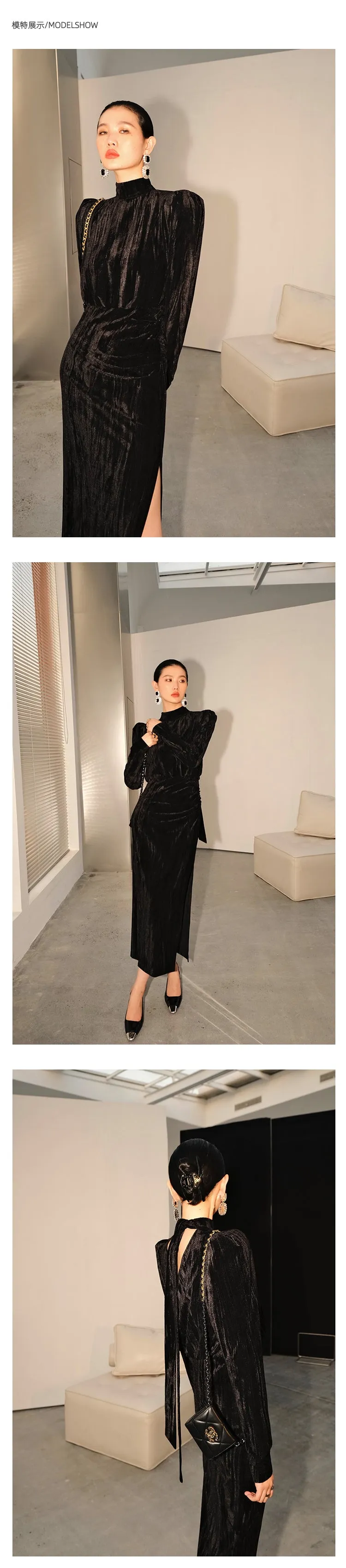 Vintage Retro highend half Turtleneck Side Slit Velvet dress - Kibeds Earl Black