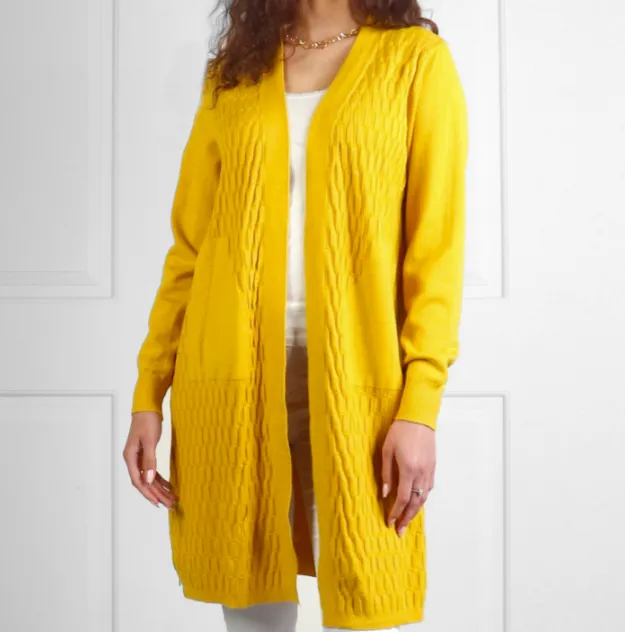 Weave Pattern 3/4 Length Cardigan in Mustard