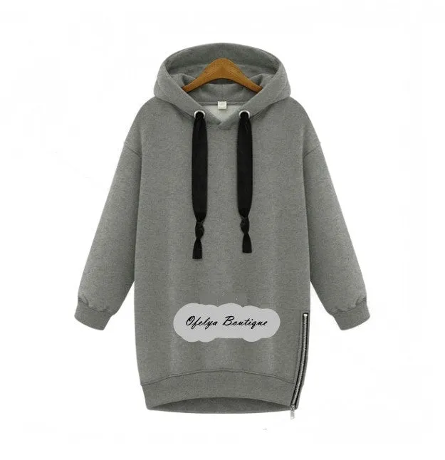 Women Side Zipper Long Fleece Sweatshirt Hoodie Overlong Oversize Velvet Drawstrings