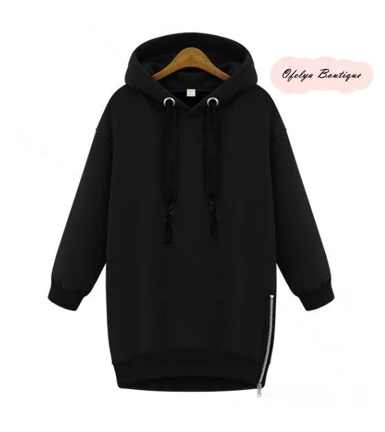 Women Side Zipper Long Fleece Sweatshirt Hoodie Overlong Oversize Velvet Drawstrings