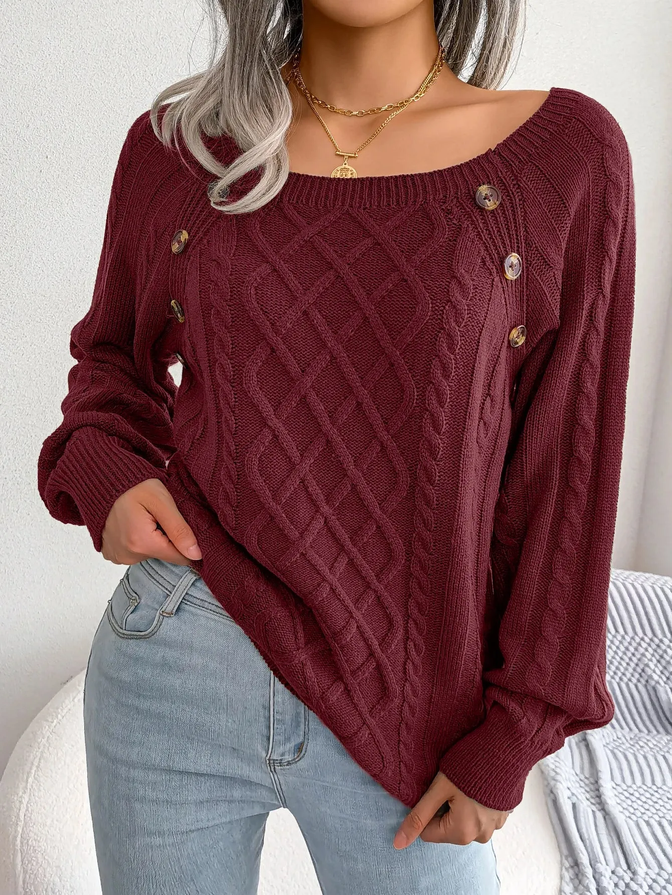 Womens Casual Square Collar Button Detail Long Sleeve Knitted Pullover