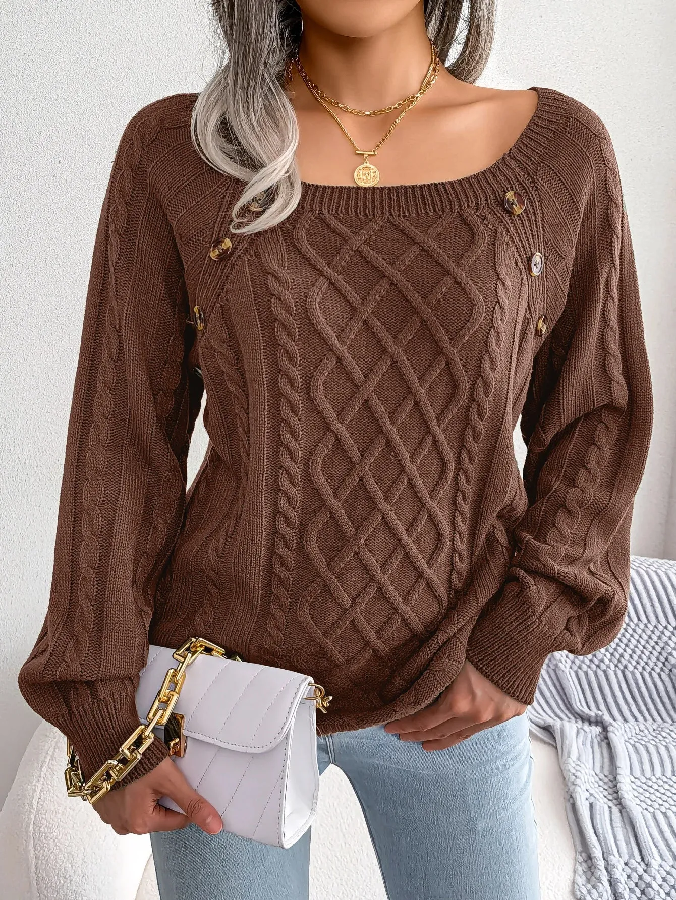 Womens Casual Square Collar Button Detail Long Sleeve Knitted Pullover