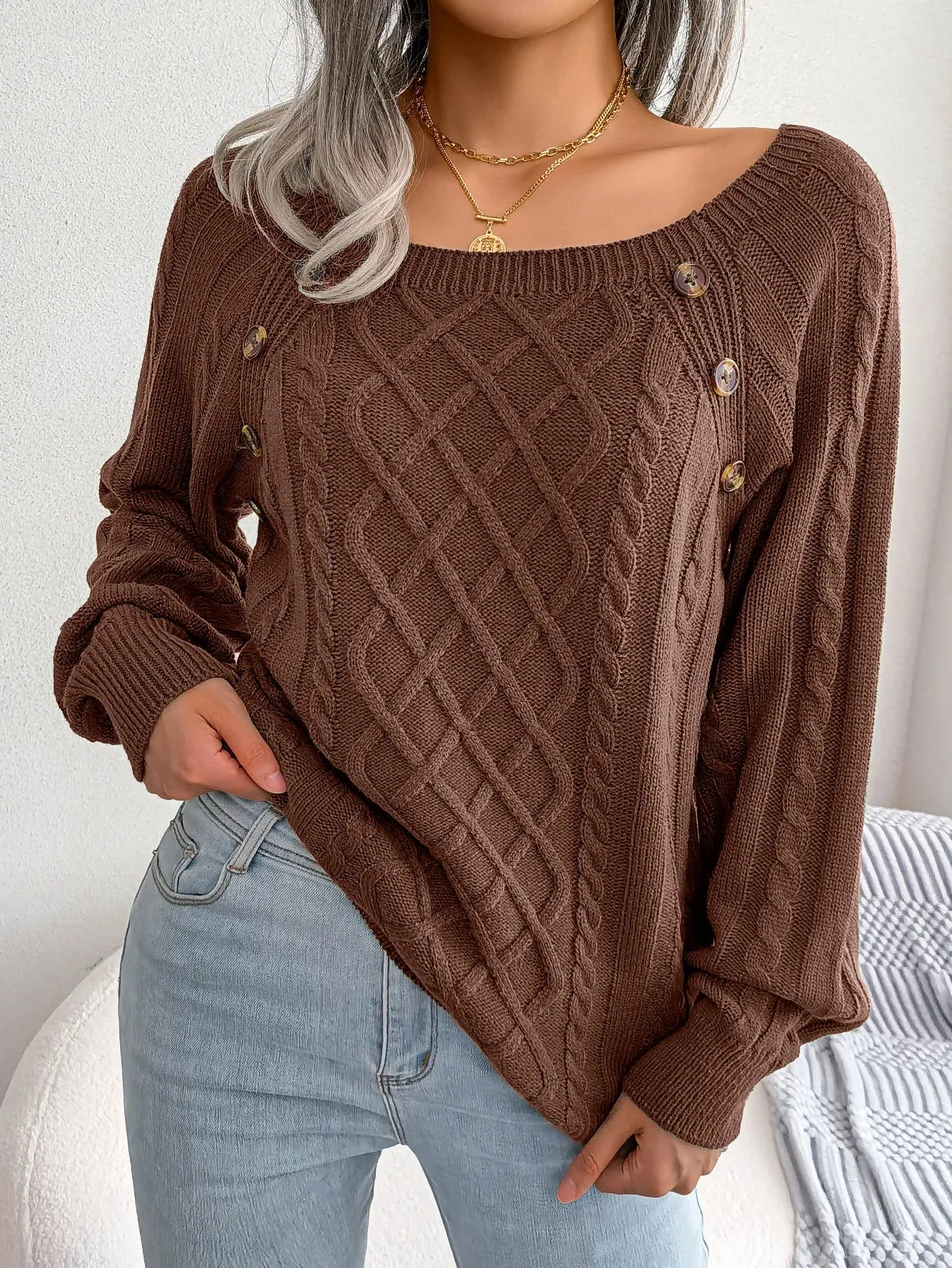 Womens Casual Square Collar Button Detail Long Sleeve Knitted Pullover