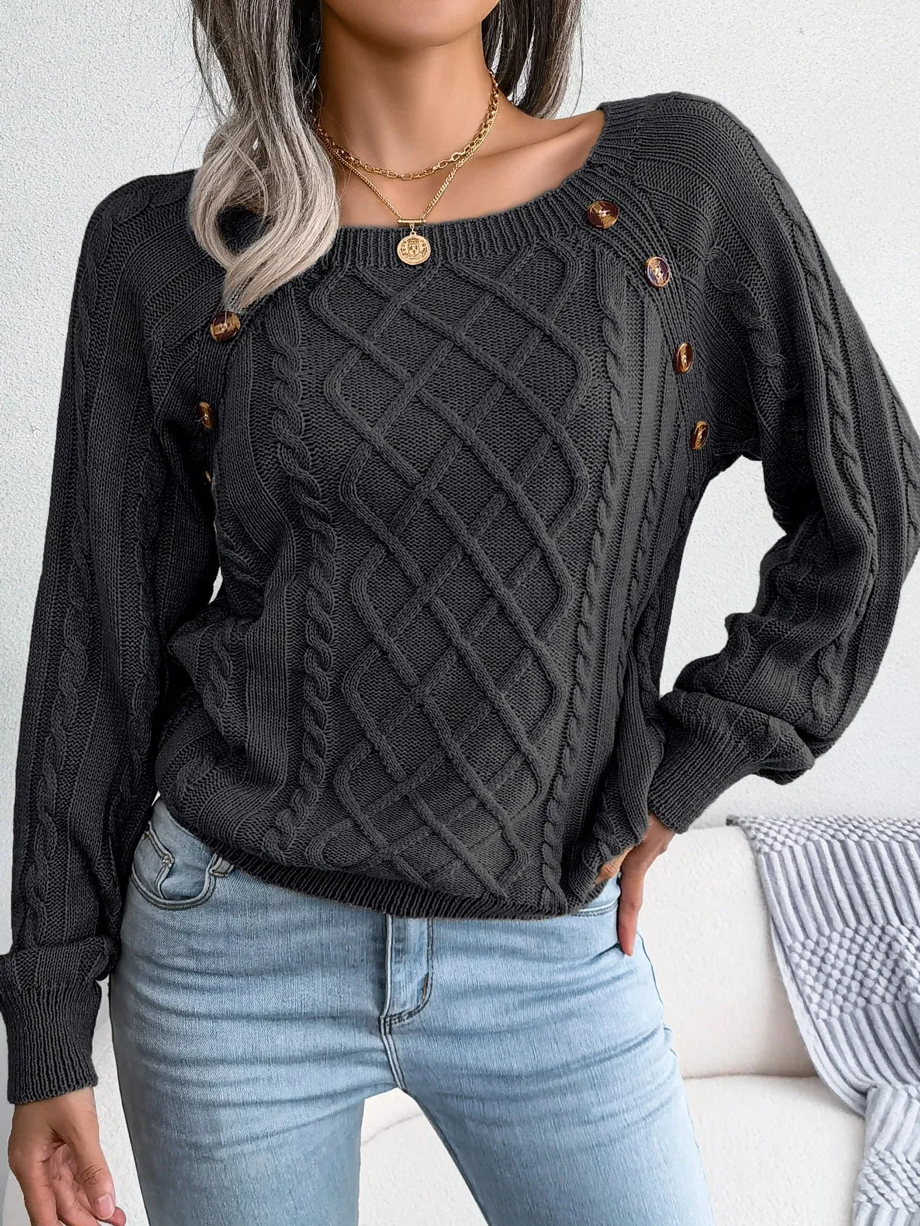 Womens Casual Square Collar Button Detail Long Sleeve Knitted Pullover