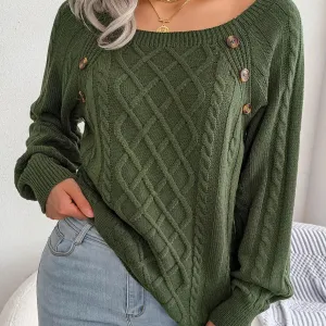 Womens Casual Square Collar Button Detail Long Sleeve Knitted Pullover