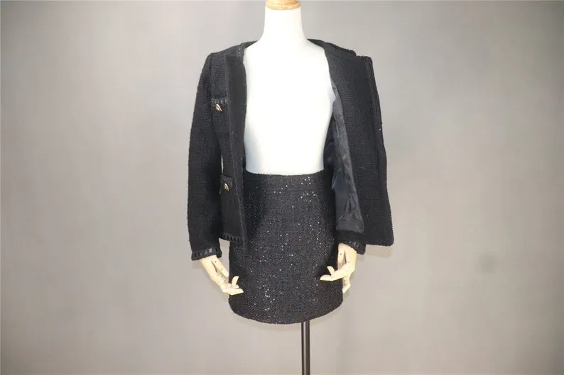 Women's Designer Inspired CUSTOM  Black Tweed Jacket Coat Blazer