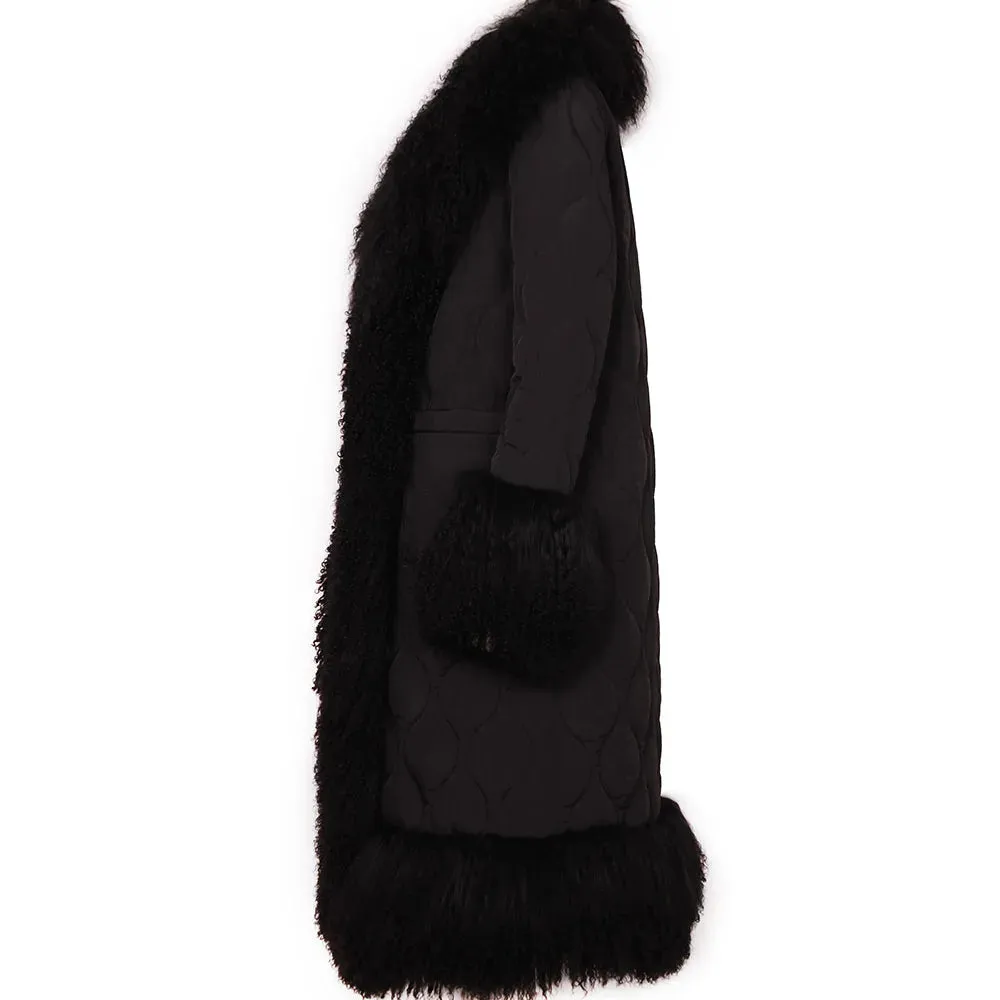 Women's Diamond Quilted Sheep Fur Long Coat