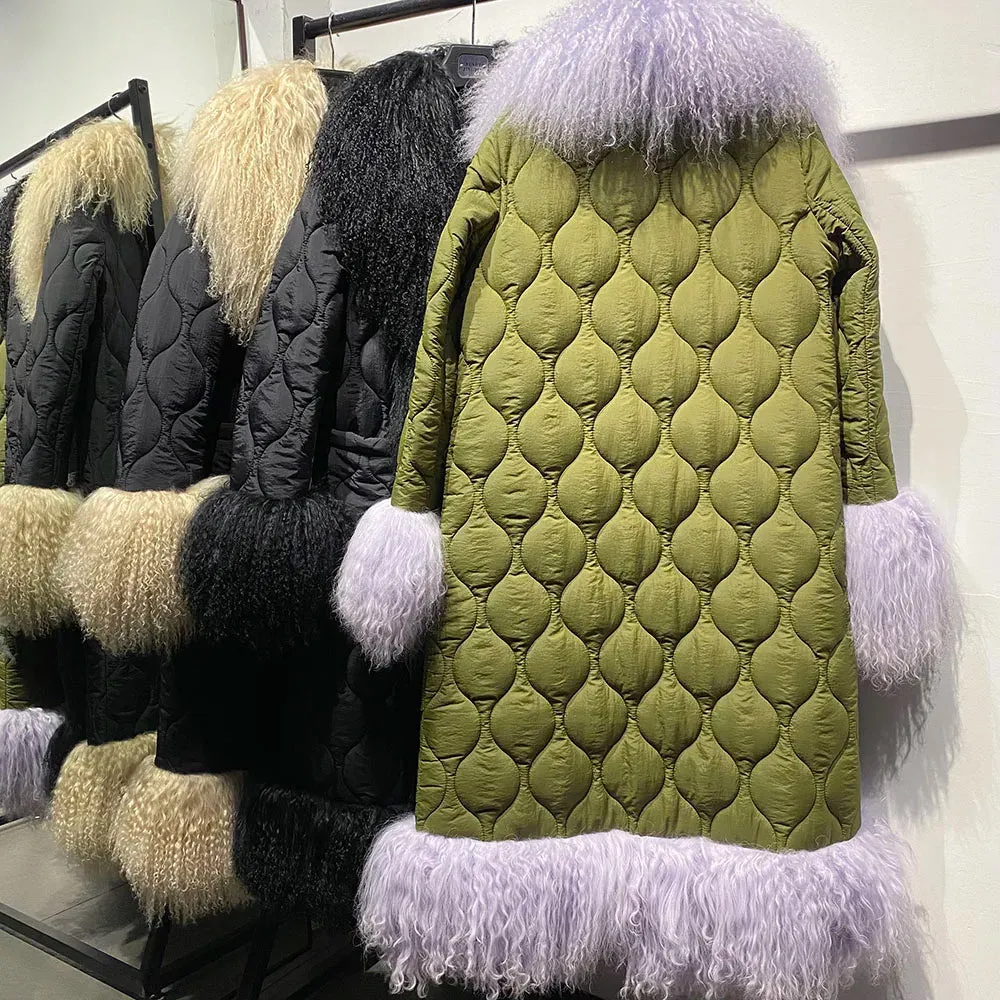 Women's Diamond Quilted Sheep Fur Long Coat