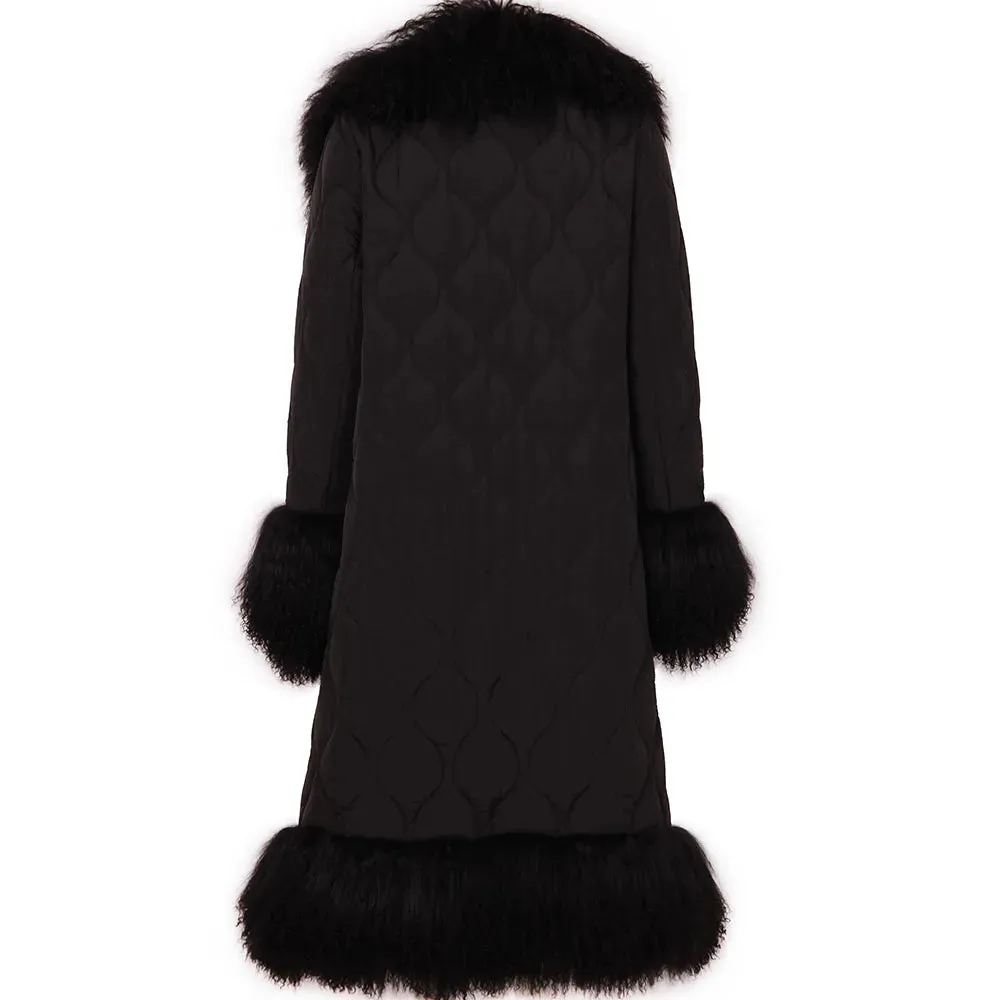 Women's Diamond Quilted Sheep Fur Long Coat