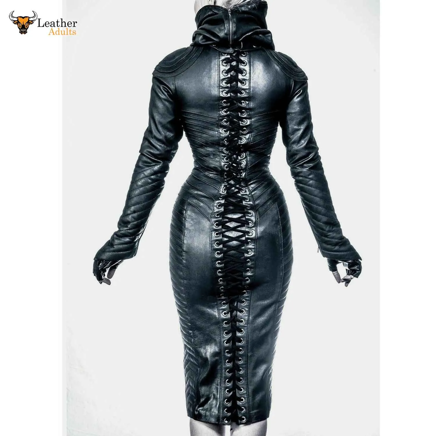 Womens Real Leather Gothic Bodysuit Separate Zipper Hood Steampunk Leather Dress