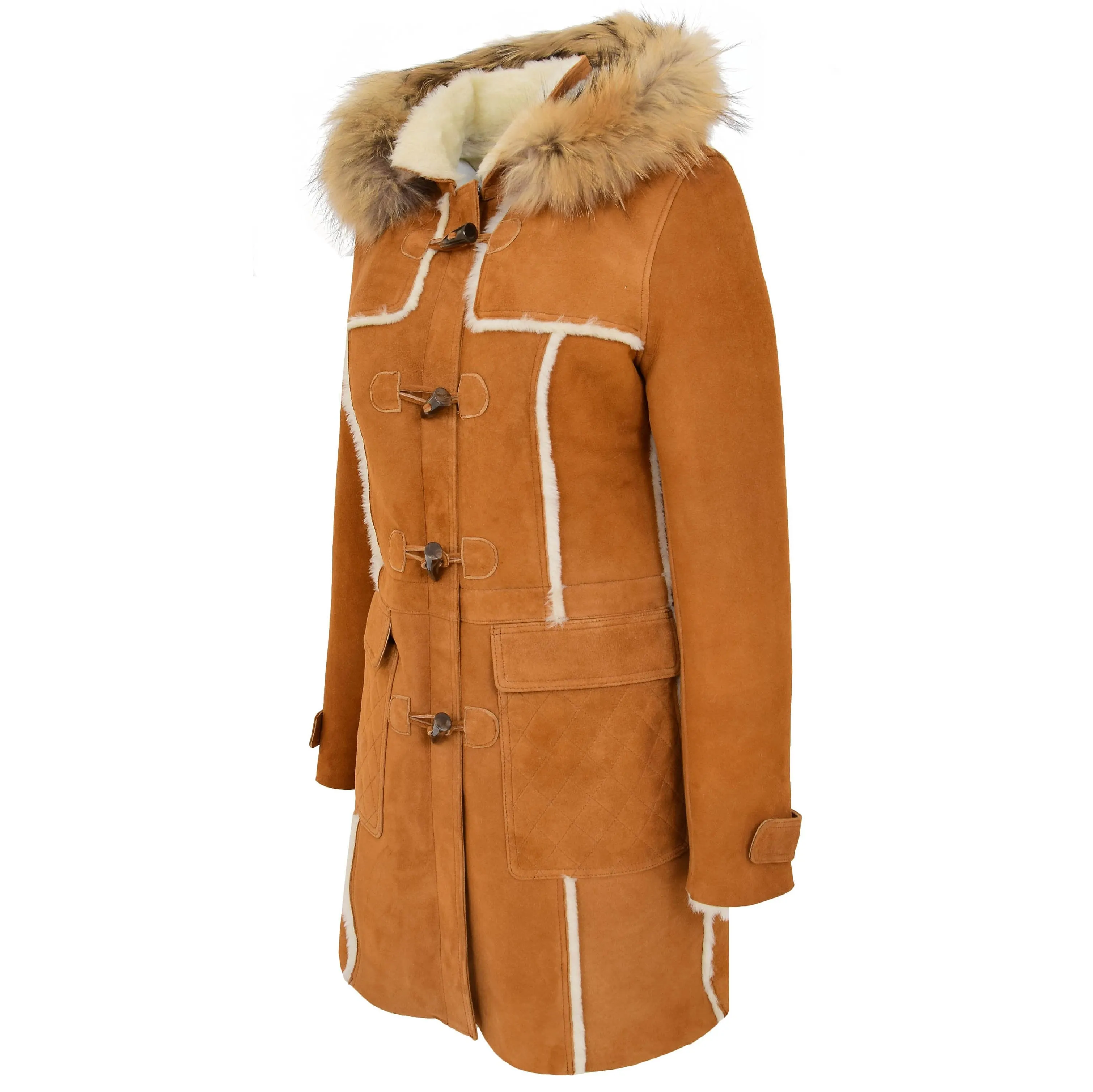 Womens Sheepskin Duffle Coat 3/4 Length Parka Beth Tan White