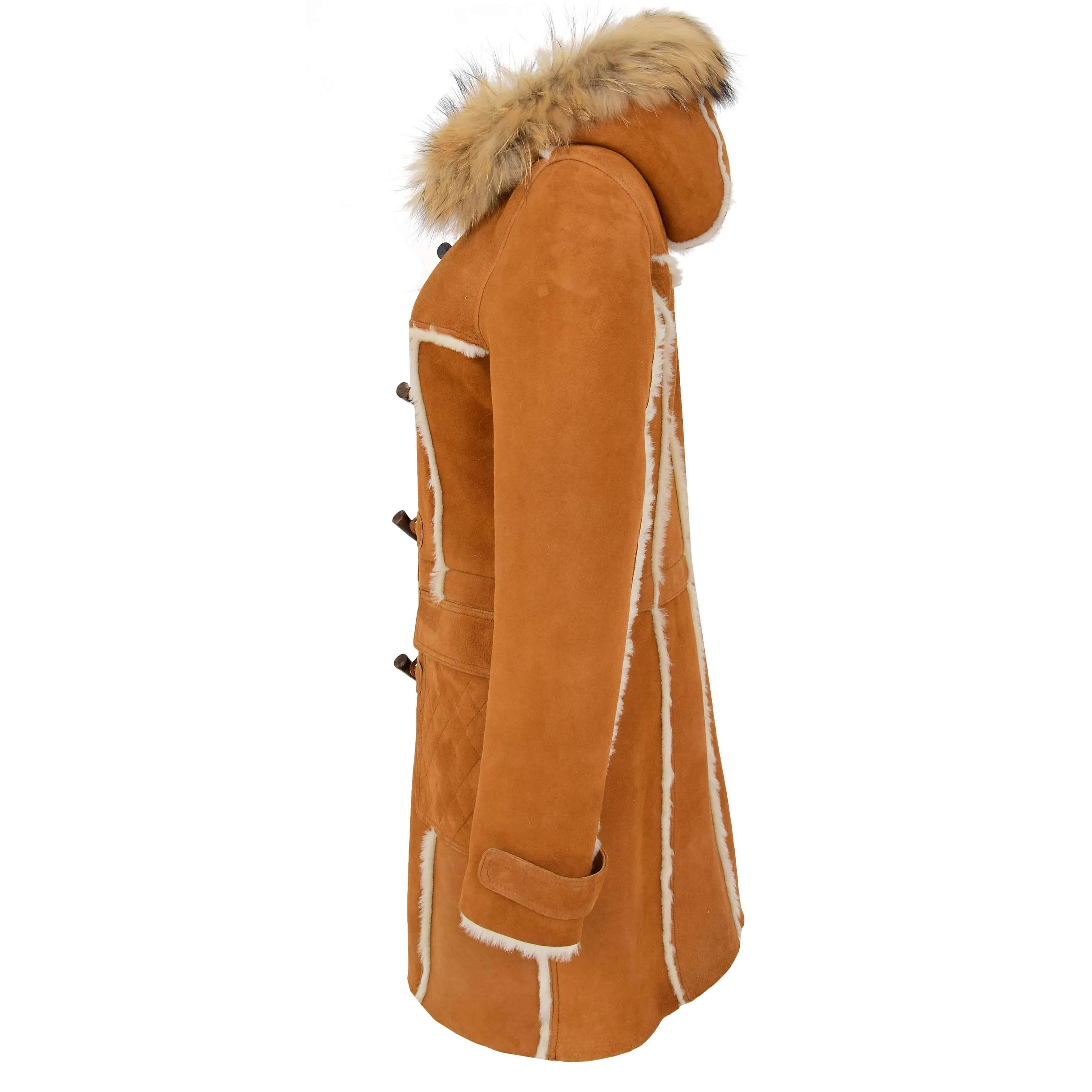 Womens Sheepskin Duffle Coat 3/4 Length Parka Beth Tan White