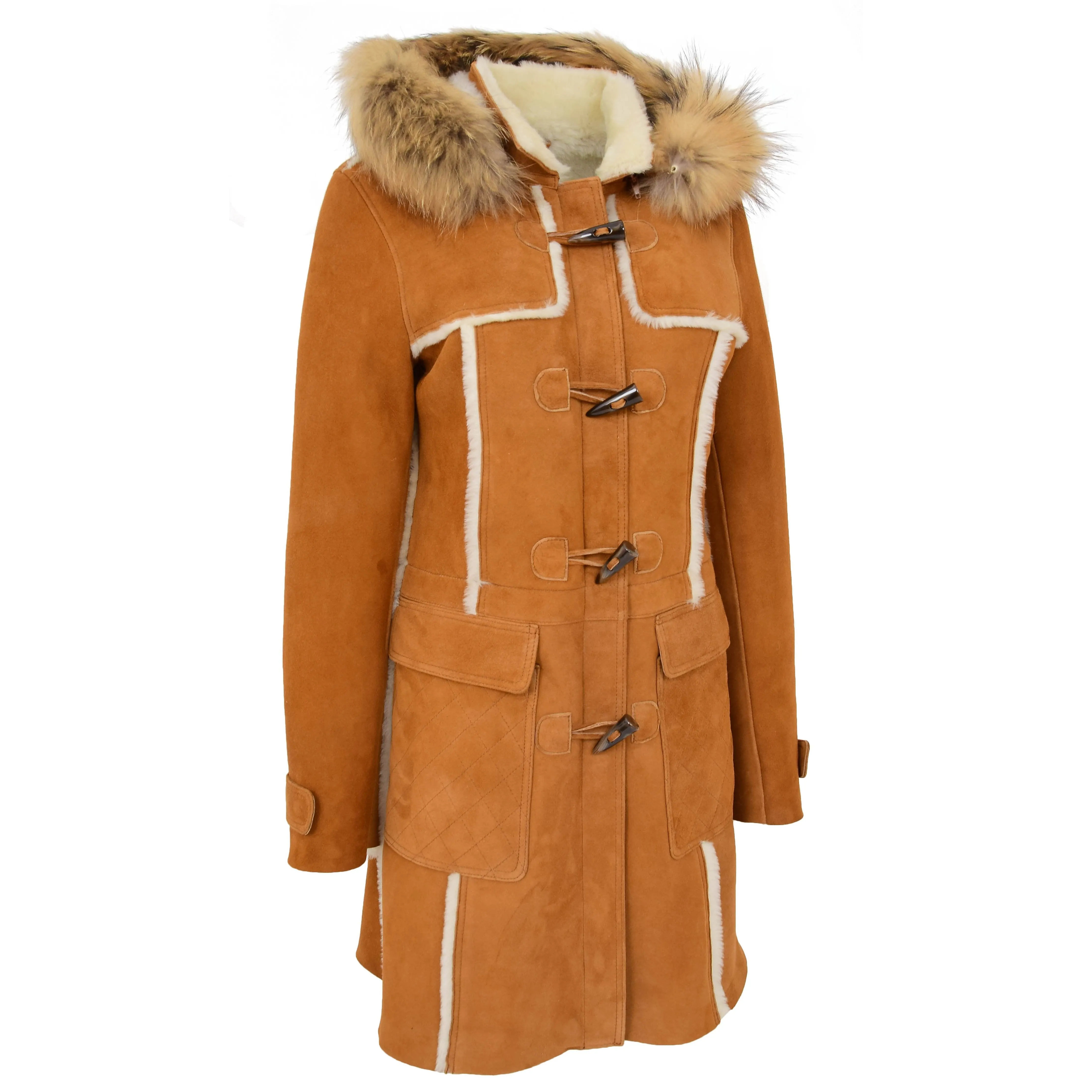 Womens Sheepskin Duffle Coat 3/4 Length Parka Beth Tan White