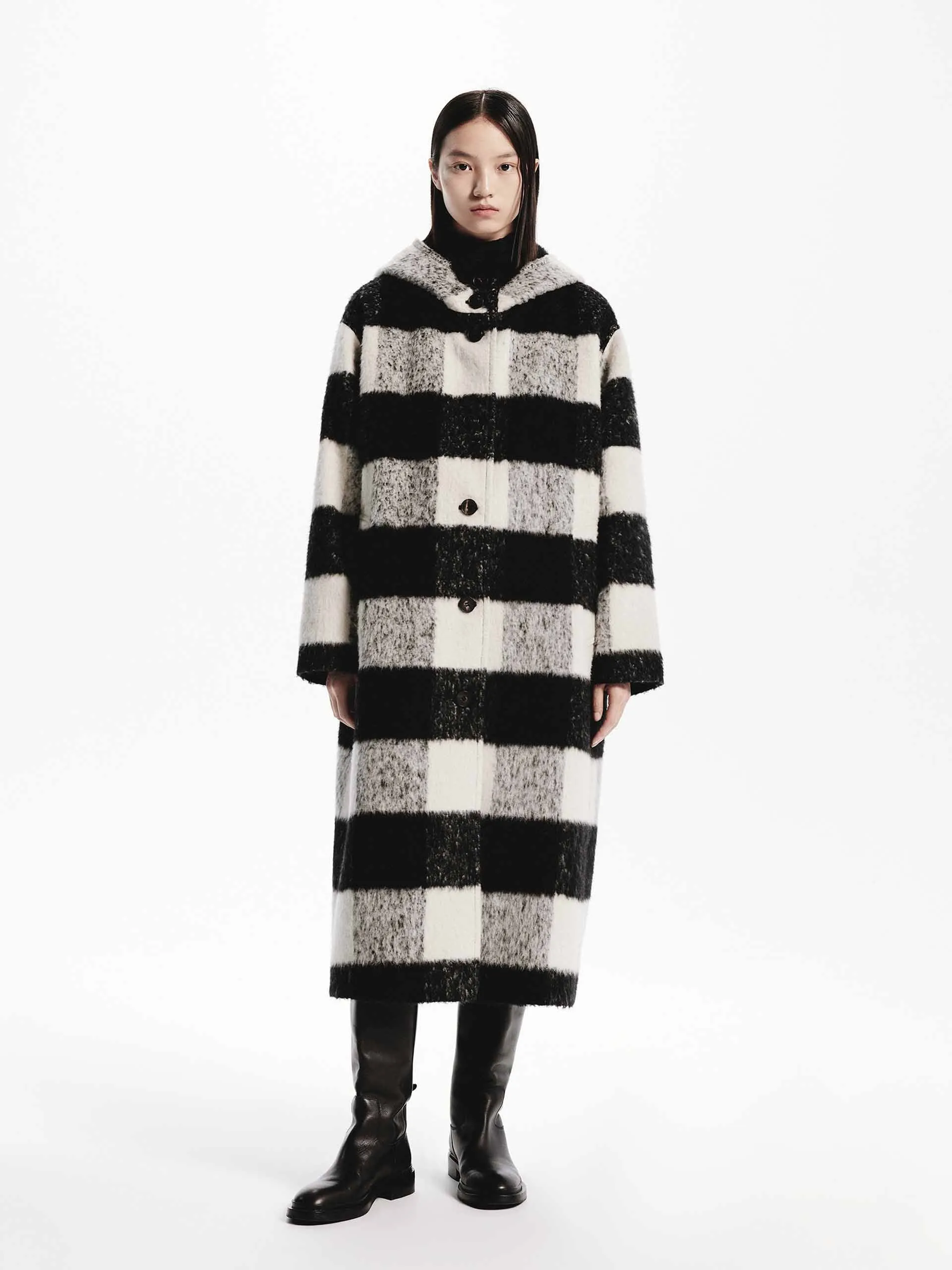 Wool Blend Plaid Long Coat