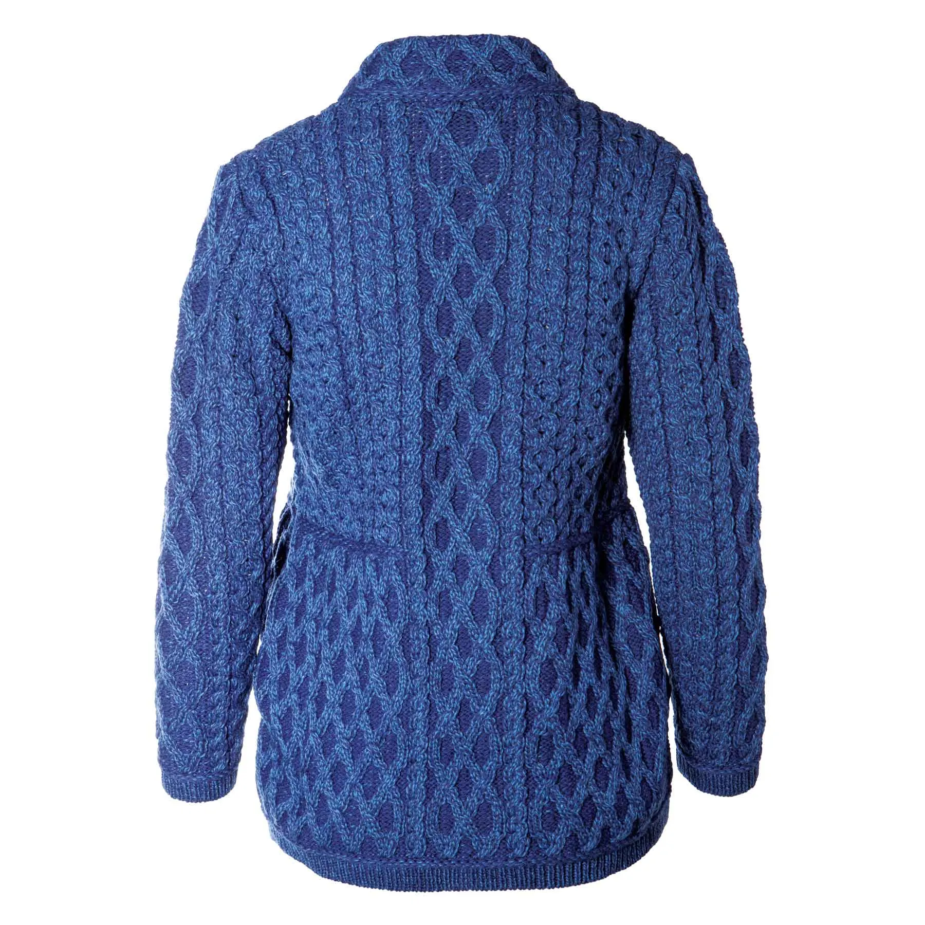 Yeats Plated Zip Up Irish Aran Cardigan, Marl Blue, 100% Merino Wool