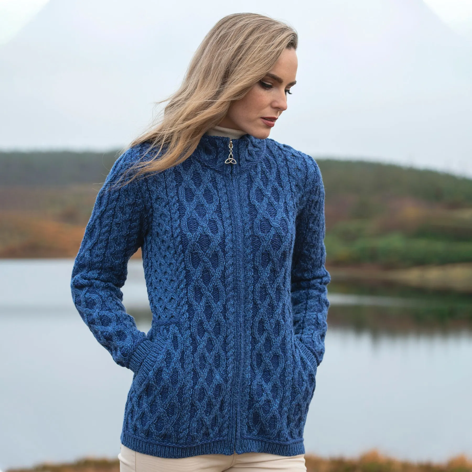 Yeats Plated Zip Up Irish Aran Cardigan, Marl Blue, 100% Merino Wool