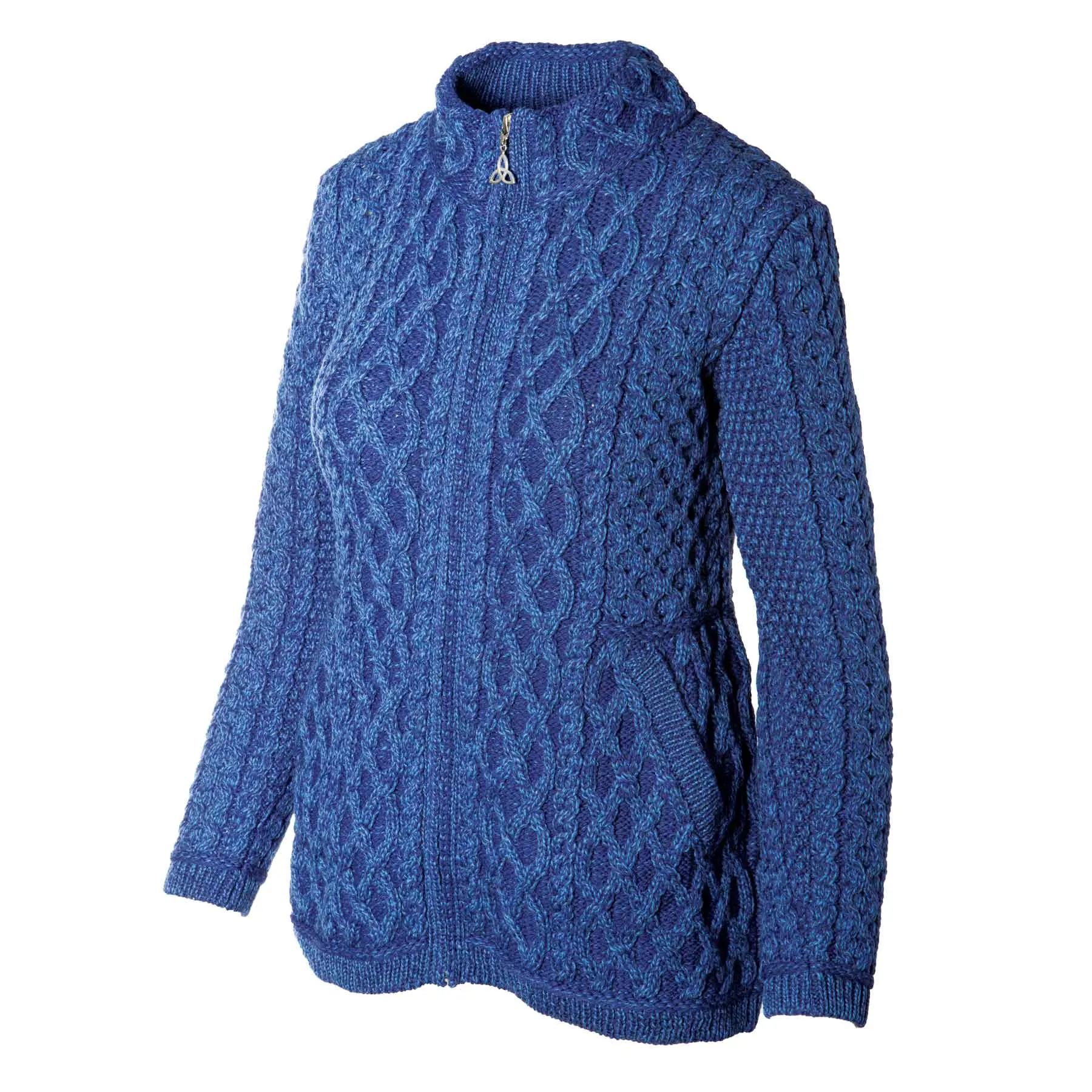 Yeats Plated Zip Up Irish Aran Cardigan, Marl Blue, 100% Merino Wool