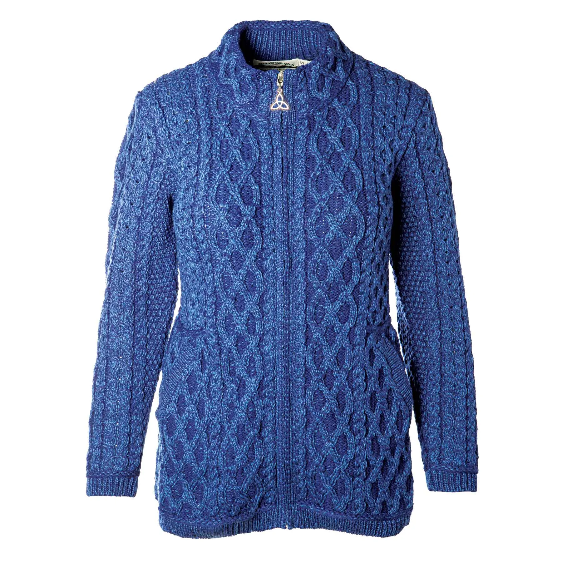 Yeats Plated Zip Up Irish Aran Cardigan, Marl Blue, 100% Merino Wool